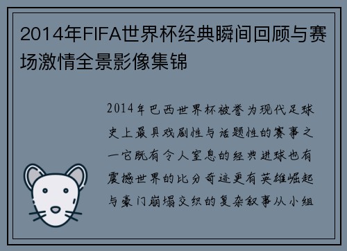 2014年FIFA世界杯经典瞬间回顾与赛场激情全景影像集锦